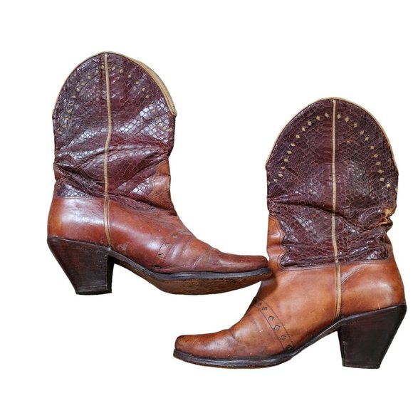 Ottorino Bossi Snakeskin Cowboy Boots Womens 7 Brown Heel Booties 37.5 - Picture 9 of 9